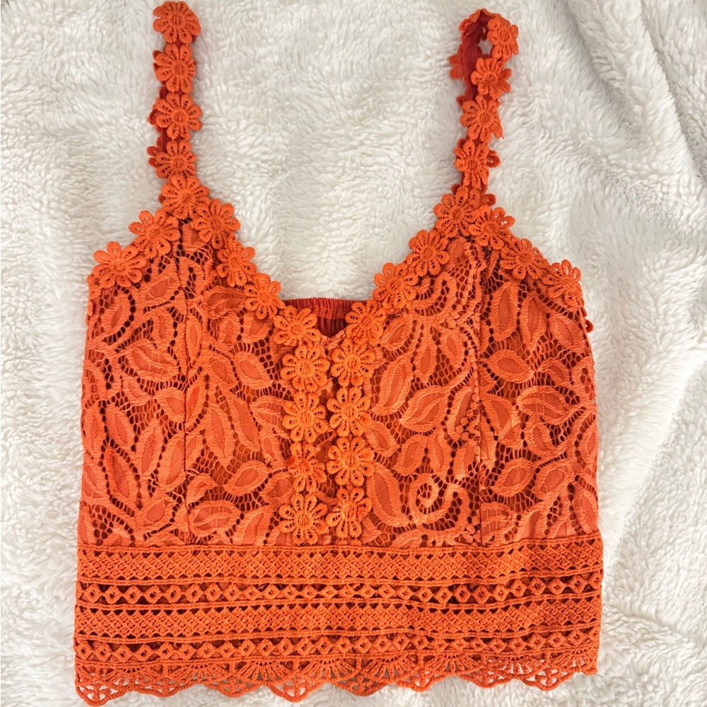 SHEIN Vibrant Orange Lace Tank Top